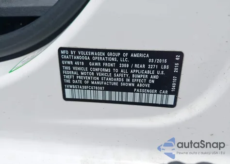 2015 Volkswagen Passat 1.8T Sport из США, поврежденный, VIN 1VWBS7A38FC078387